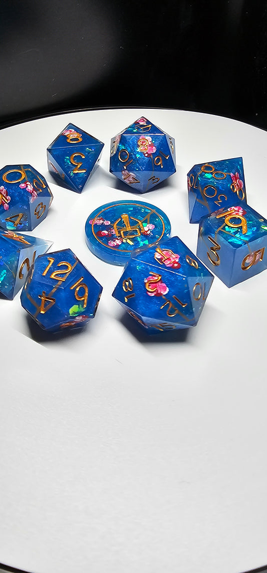 Blue Cherry Blossom Handmade 9-Piece Dice Set