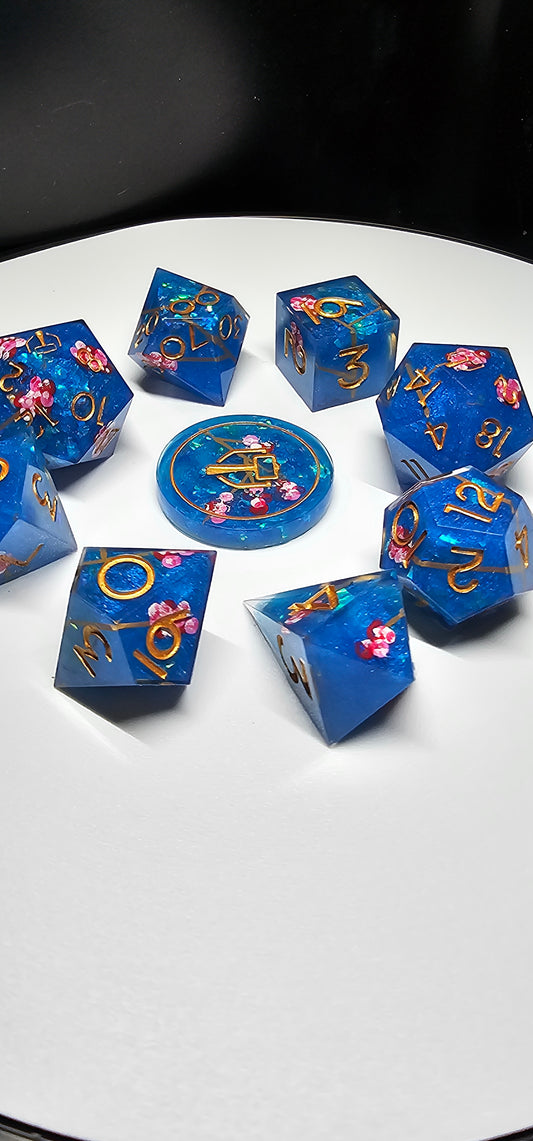 Blue Cherry Blossom Handmade 9-Piece Dice Set