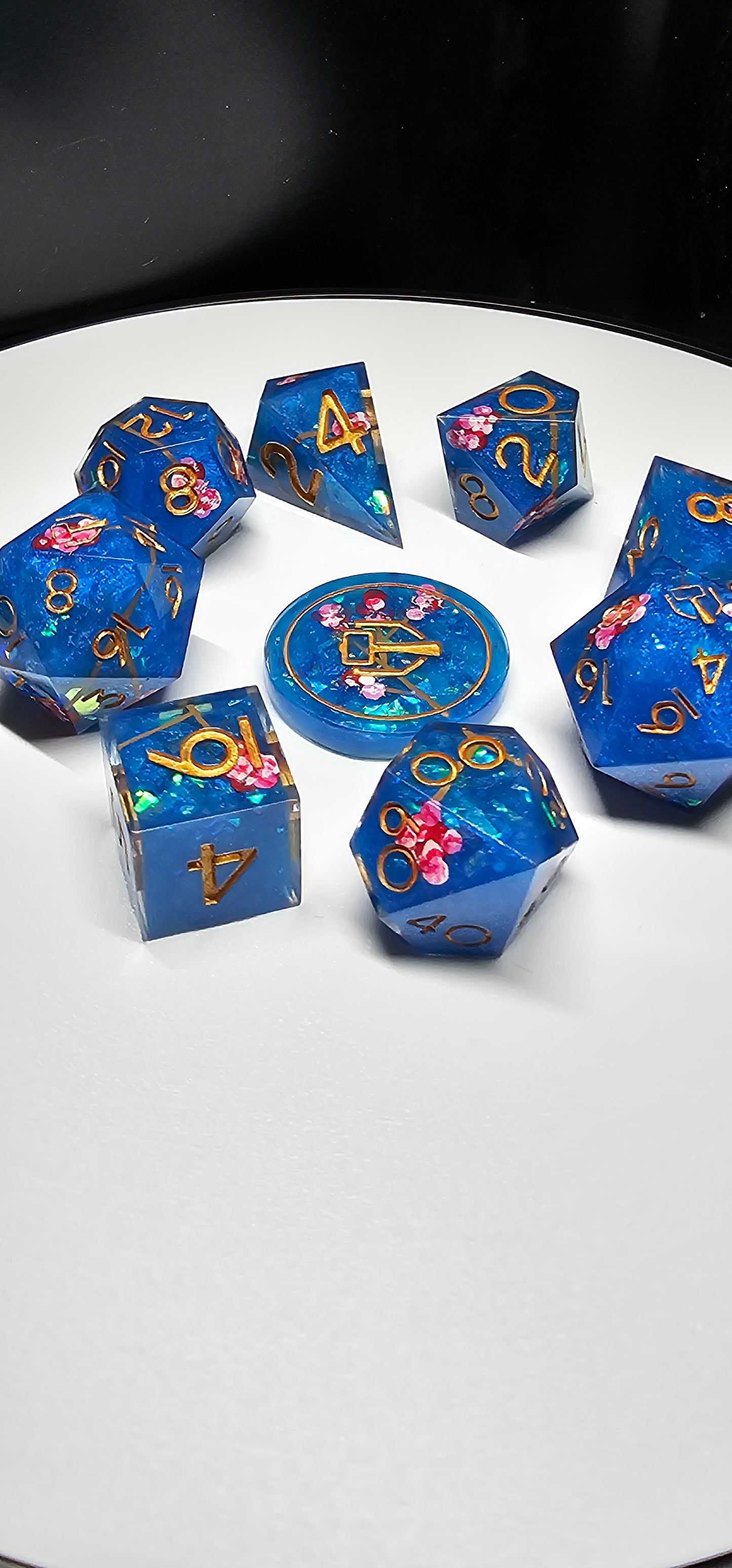 Blue Cherry Blossom Handmade 9-Piece Dice Set