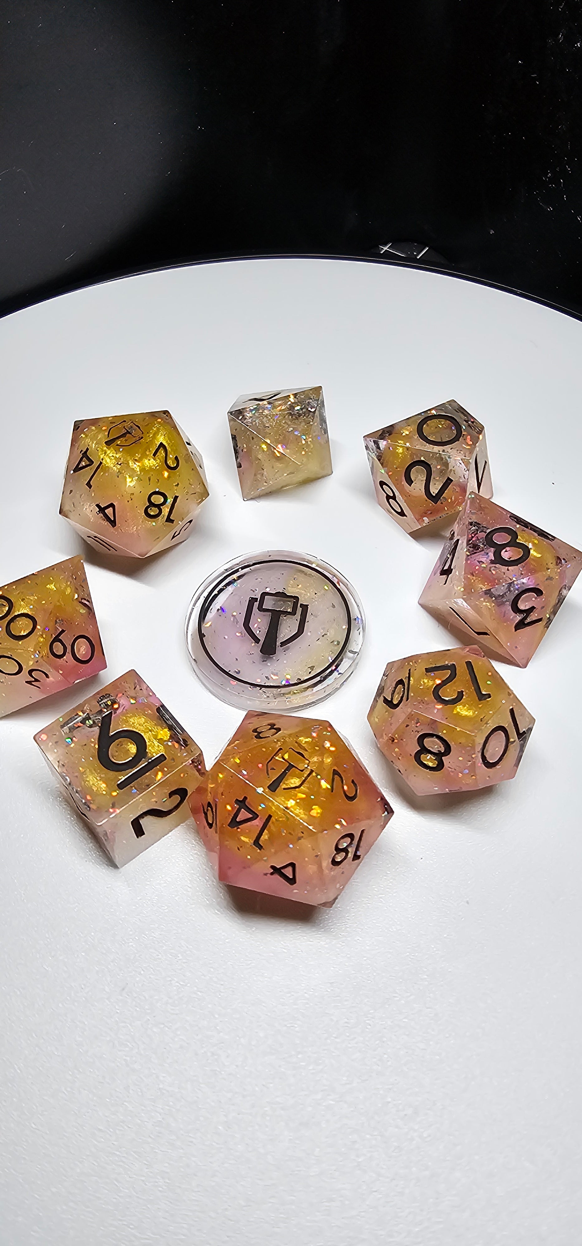 Asari Gold 9-Piece Polyheadral Dice Set – Blackwood Dice