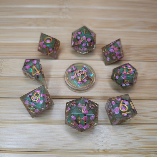 Green Cherry Blossom Handmade 9 Piece Dice Set